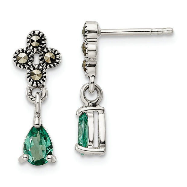 Sterling Silver Antiqued Marcasite & Cr. Green Quartz Post Dangle Earrings