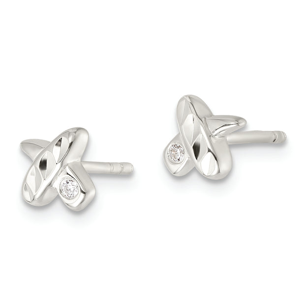 Sterling Silver Polished D/C X CZ Post Earrings