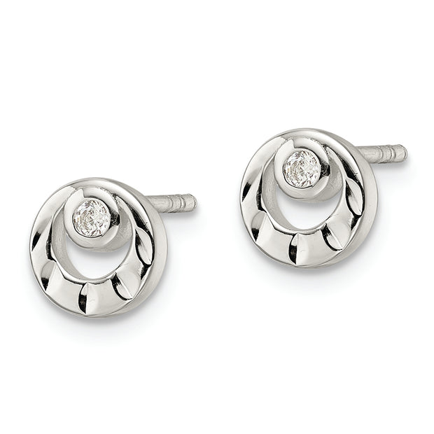 Sterling Silver Polished D/C and CZ Post Earrings