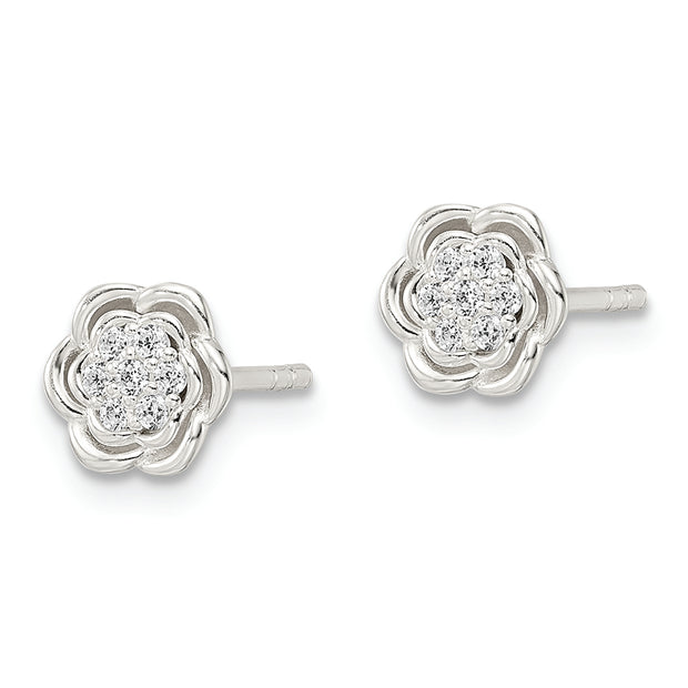 Sterling Silver Polished Floral CZ Post Earrings