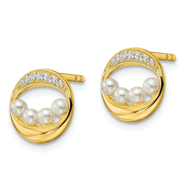 Sterling Silver Gold-tone CZ & Shell Pearl Post Earrings