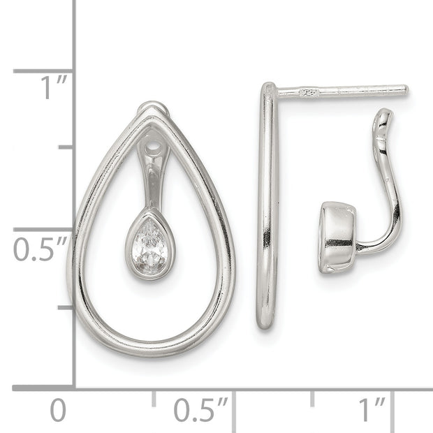 Sterling Silver Polished Teardrop w/Drop and Dangle CZ Threader Post Earrin