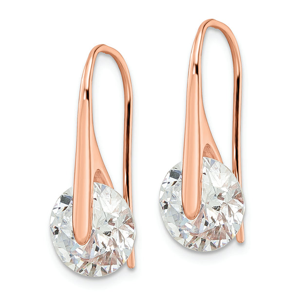 Sterling Silver Rose-tone Polished Round CZ Dangle Earrings