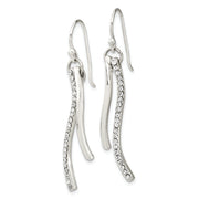 Sterling Silver Polished CZ Wavy Bar Dangle Shephard Hook Earrings