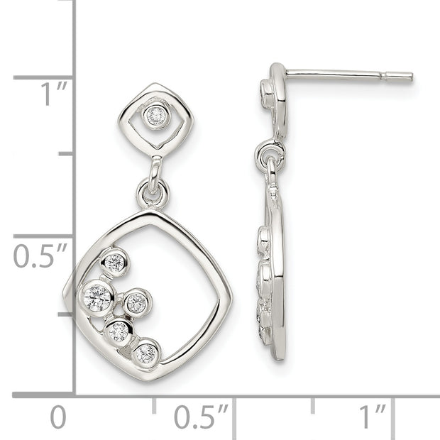 Sterling Silver Polished CZ Square Dangle Post Earrings