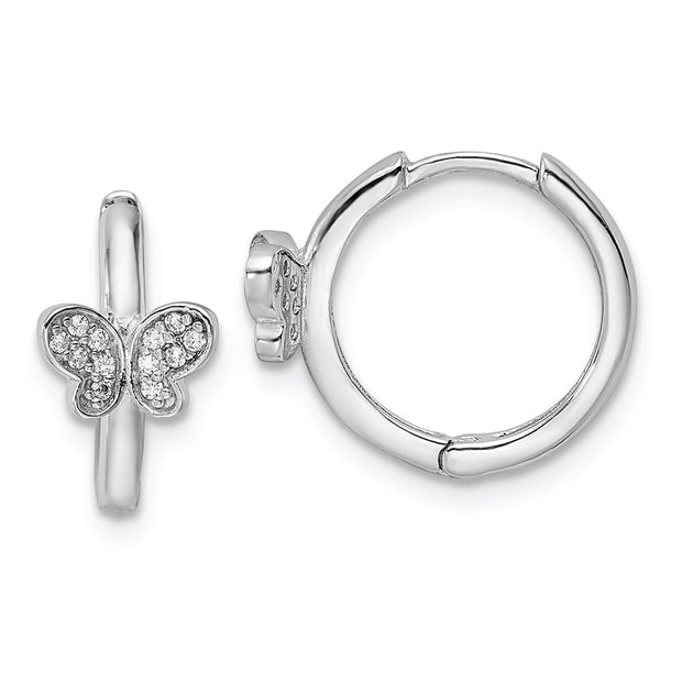 Sterling Silver Rhodium-plated Polished CZ Hinged Hoop Butterfly Earrings