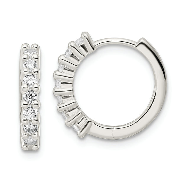 Sterling Silver Polished CZ Hinged Hoop Earrings