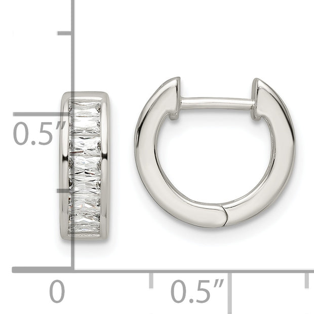 Sterling Silver Polished Baguette CZ Hinged Hoop Earrings