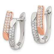 Sterling Silver Rose-tone Polished Pave CZ Hinged Hoop Earrings