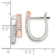 Sterling Silver Rose-tone Polished Pave CZ Hinged Hoop Earrings