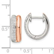 Sterling Silver Rose-tone Polished Pave CZ Hinged Hoop Earrings