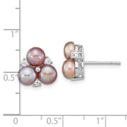 Sterling Silver Rhodium-pl CZ 5-6mm Purple Button FWC Pearl Earrings