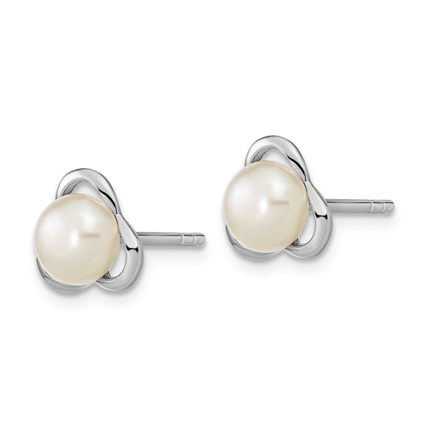 Sterling Silver Rho-plated 6-7mm White Button FWC Pearl Post Earrings