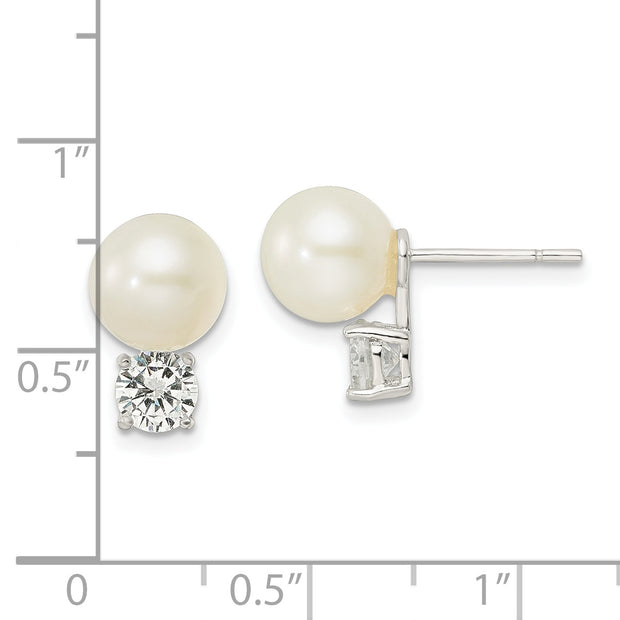 Sterling Silver CZ and 7-8mm Imitation Shell Pearl Post Earrings