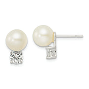 Sterling Silver CZ and 7-8mm Imitation Shell Pearl Post Earrings