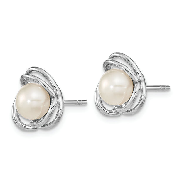 Sterling Silver Rhod-plated 6-7mm White Button Knot Post Earrings