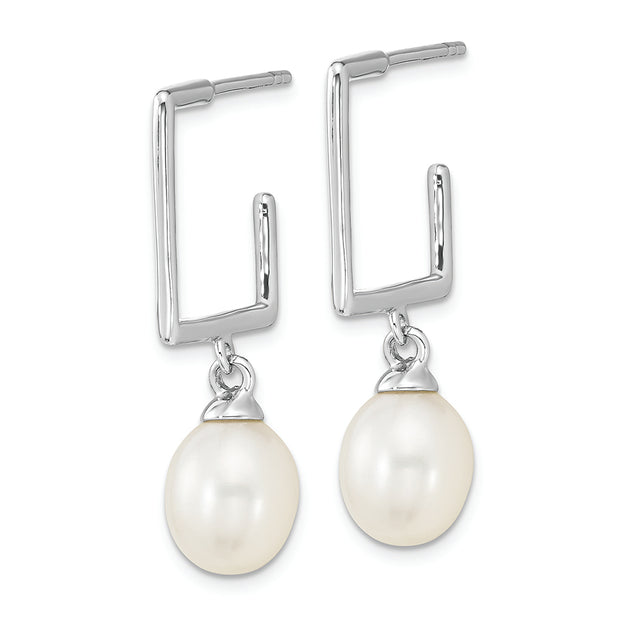 Sterling Silver Rhodium-plated 7-8mm White Rice FWC Pearl Square Earrings