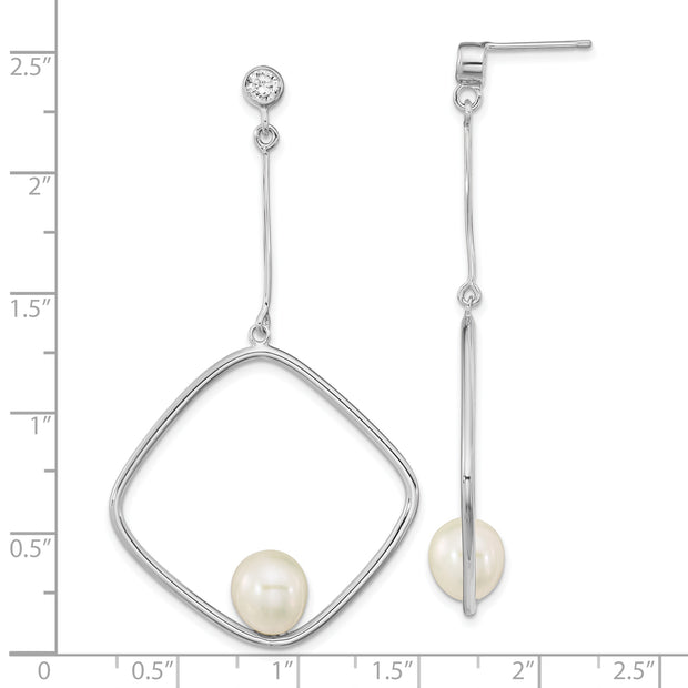 Sterling Silver Rhod-plated 7-8mm White Rice FWC Pearl CZ Dangle Earrings