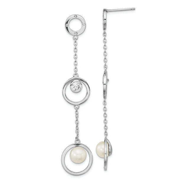 Sterling Silver Rhodium-plated CZ 6-7mm White Button FWC Pearl Earrings