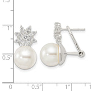 Sterling Silver Imitation Shell Pearl and CZ Floral Omega Back Earrings
