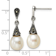 Sterling Silver Antiqued Marcasite FWC Pearl Post Dangle Earrings