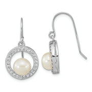Sterling Silver Rhod-plated 6-7mm FWC Pearl & CZ Circle Dangle Earrings