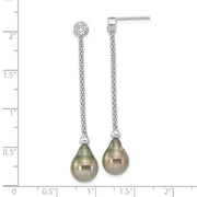 Sterling Silver RH-plated 9-10mm Tahitian Saltwater Pearl CZ Earrings
