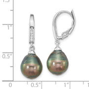 SS RH-plated 9-10mm Tahitian Saltwater Pearl CZ Leverback Earrings