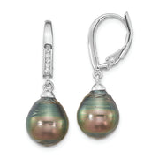 SS RH-plated 9-10mm Tahitian Saltwater Pearl CZ Leverback Earrings