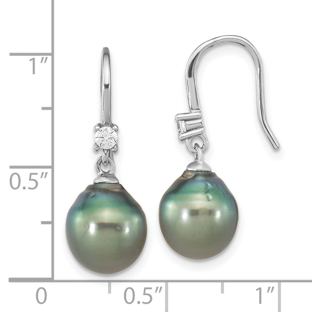 Sterling Silver RH-plated Tahitian Saltwater Pearl & CZ Dangle Earrings