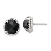 Sterling Silver Polished & Twisted Edge Round Onyx Post Earrings