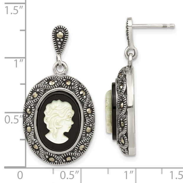 Sterling Silver Antiqued Black Agate Marcasite & MOP Cameo Post Dangle Earr