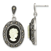 Sterling Silver Antiqued Black Agate Marcasite & MOP Cameo Post Dangle Earr