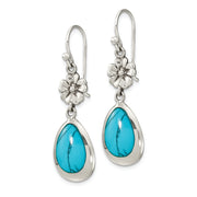 Sterling Silver Polished Recon. Turquoise Floral Teardrop Dangle Earrings