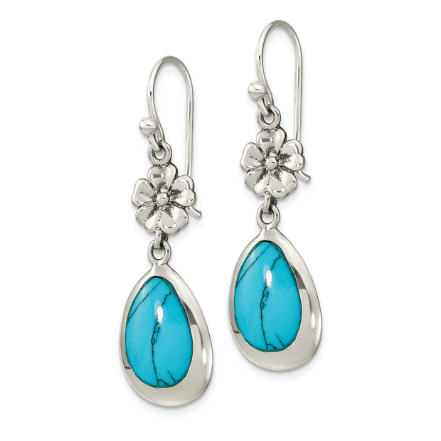 Sterling Silver Polished Recon. Turquoise Floral Teardrop Dangle Earrings