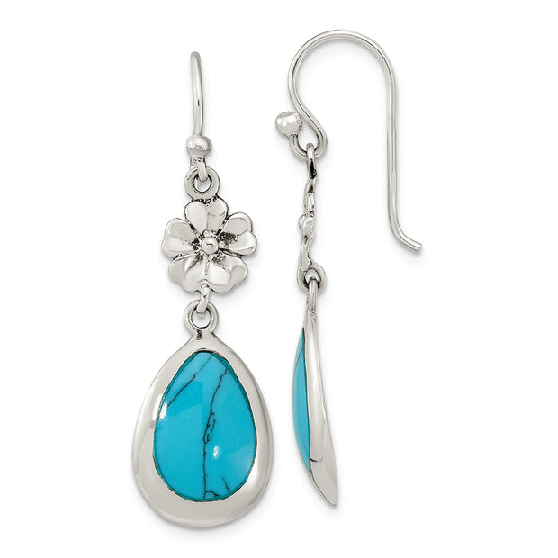 Sterling Silver Polished Recon. Turquoise Floral Teardrop Dangle Earrings