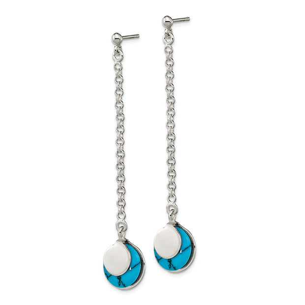 Sterling Silver Polished Reconstituted Turquoise Chain Dangle Post Earrings