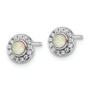 Sterling Silver Rhod-plated Polished Created Opal & CZ Halo Post Earrings