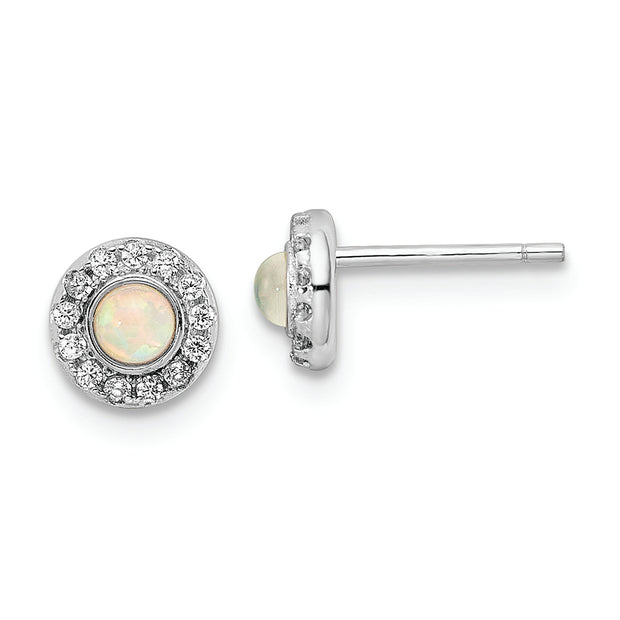 Sterling Silver Rhod-plated Polished Created Opal & CZ Halo Post Earrings