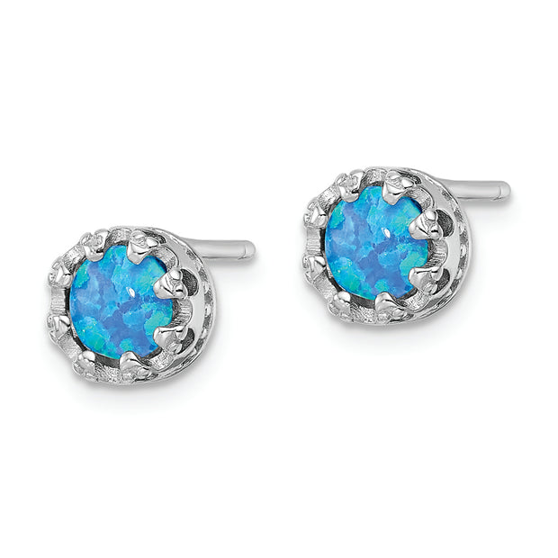 Sterling Silver Rhodium-plated Polished Blue Created Opal Post Earrings