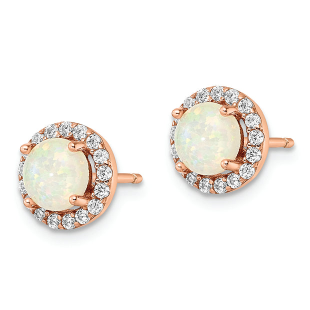 Sterling Silver Rose-tone Polished Created Opal & CZ Halo Post Earrings