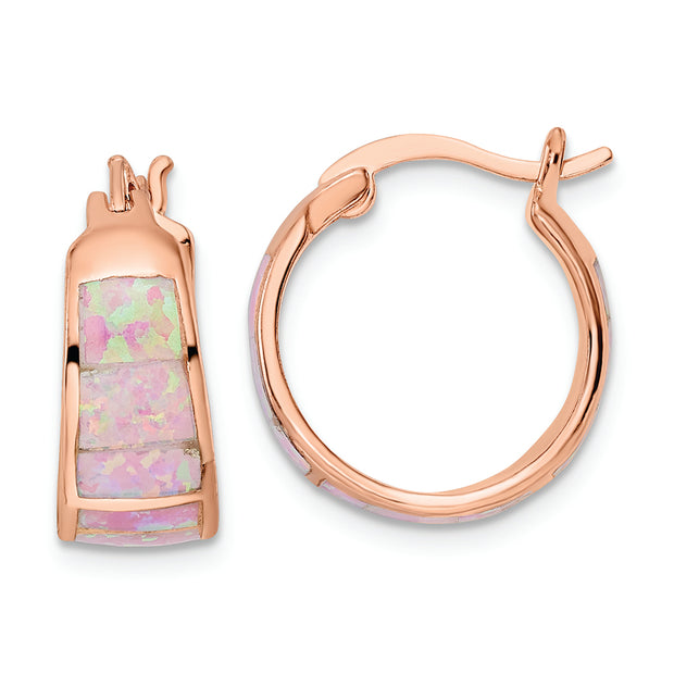 Sterling Silver Rose-tone Polished Pink Created Opal Inlay Hoop Earrings