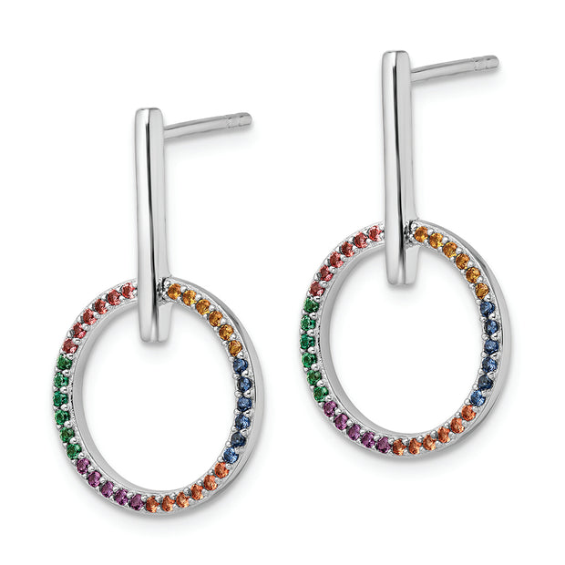 Sterling Silver Rh-plated Multi-color Nano Crystal Circle Post Earrings