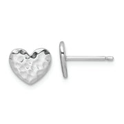 Sterling Silver Rhodium-plated Polished Hammered Heart Post Earrings