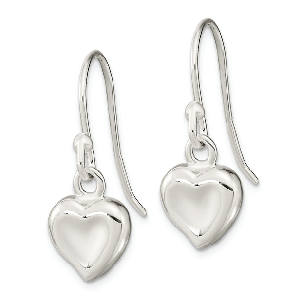 Sterling Silver Polished Heart Dangle Shephard Hook Earrings