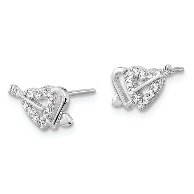 Sterling Silver Rhodium-plated CZ Double Heart and Arrow Post Earrings