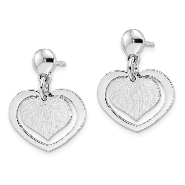 Sterling Silver Rhodium-plated Satin Heart in Heart Dangle Post Earrings
