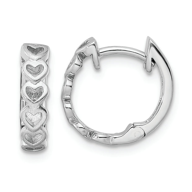 Sterling Silver RH-plated Brushed and Polished Finish Heart Hoop Earrings