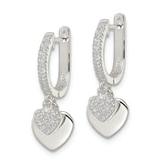 Sterling Silver Polished CZ Dangle Hearts Hinged Hoop Earrings