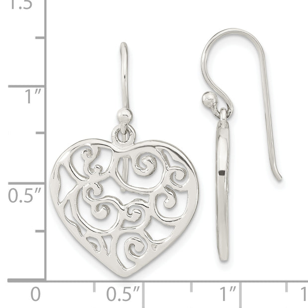 Sterling Silver Polished Filigree Heart Dangle Earrings